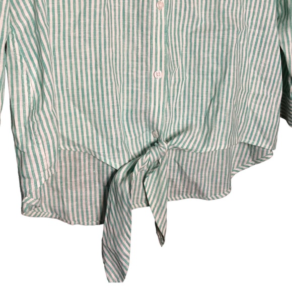 Chicos 100% Linen Green White Striped Collared Buttoned Tie Front Blouse Size M - Picture 3 of 6